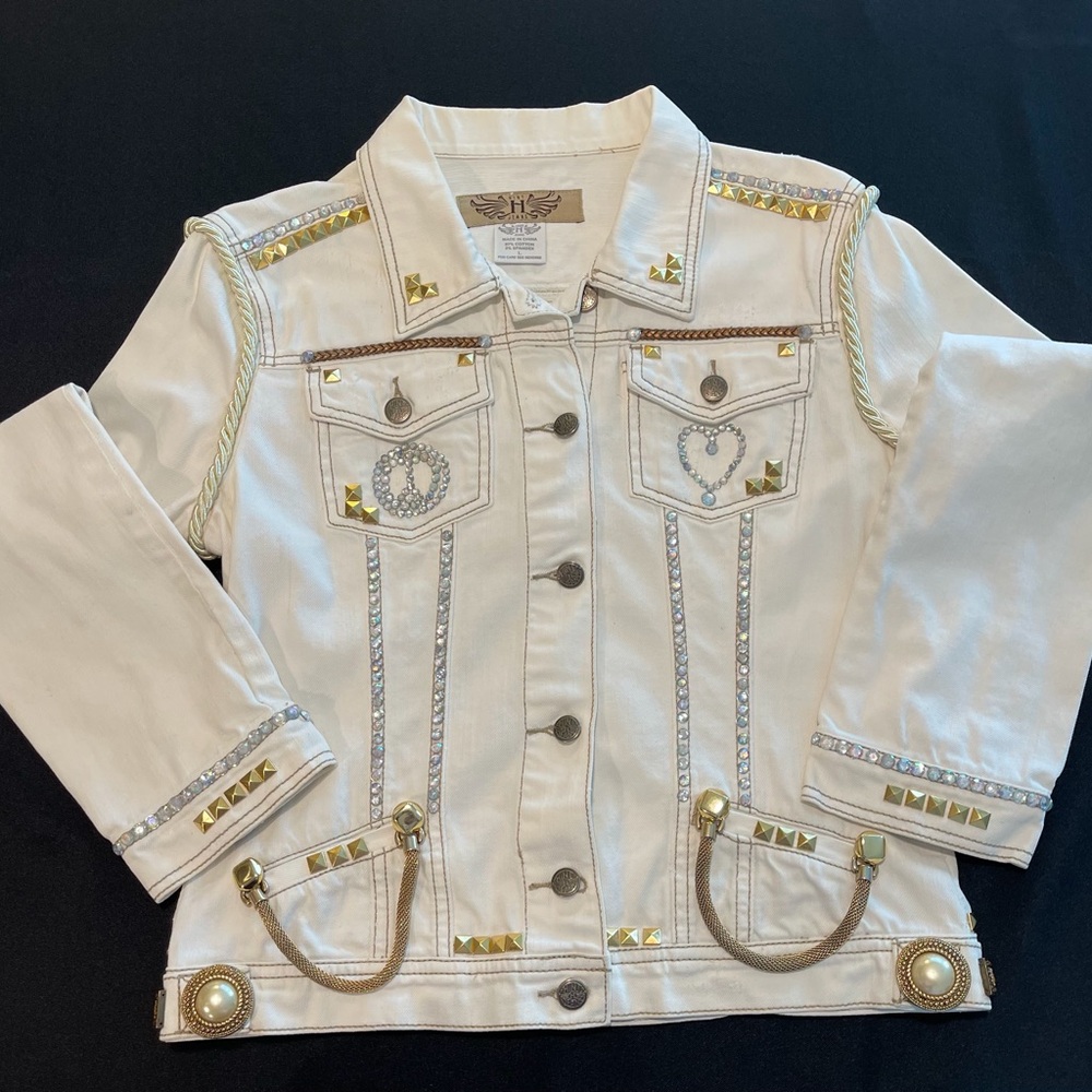 Hint Jeans Light Beige, Cream,  Denim Jacket Gold Accents Upcycled Size L
